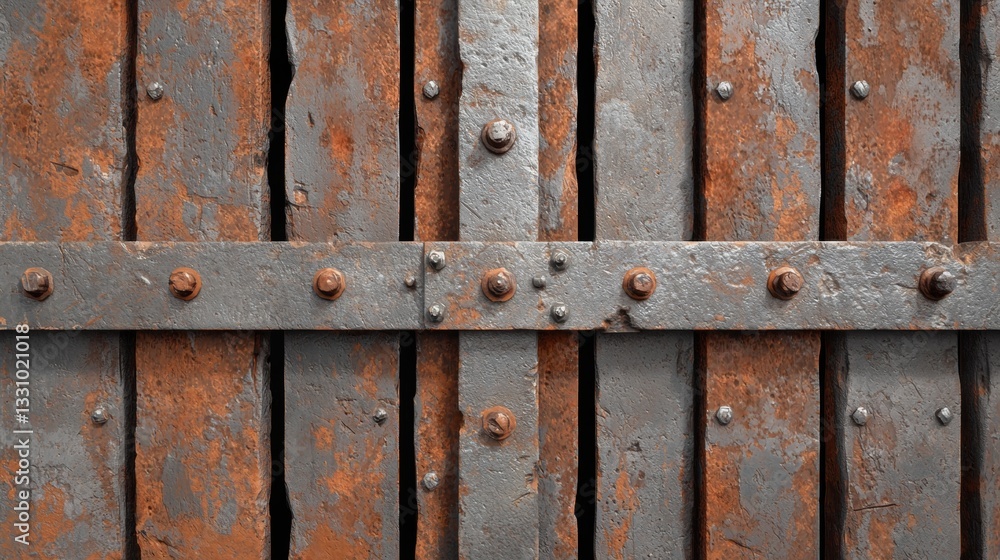 Rusty metal gate with wooden planks and rivets.