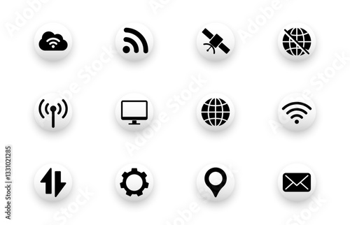 Icons about internet connection, network technology, data, network sharing. Solid vector icon set.