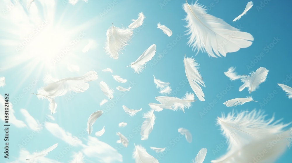 Isolated white bird feathers gently scattered over a clear, radiant sky Isolated white bird feathers gently scattered over a clear, radiant sky