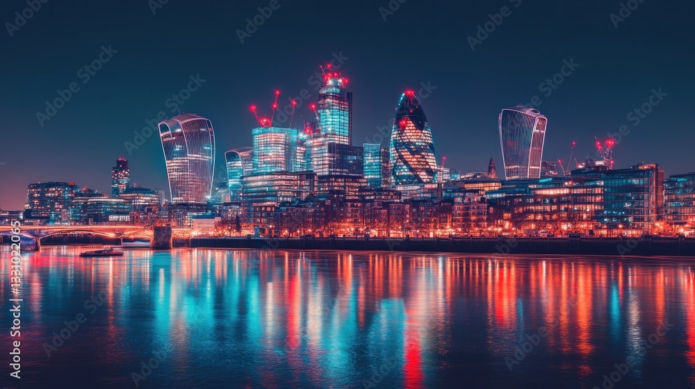Fototapeta premium London Skyline at Night, Vibrant Reflections