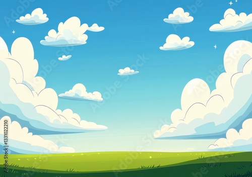 Pixel Art Sunny Day Landscape Fluffy White Clouds over Green Field
