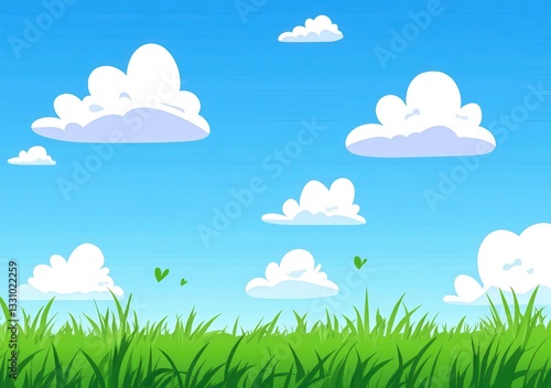 Pixel Art Sunny Day Landscape Green Grass Field Under Blue Sky with White Clouds and Hearts