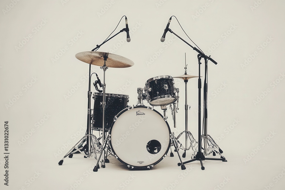 Pixelated Black and White Drum Kit in a Studio Setting Pixelated Black and White Drum Kit in a Studio Setting