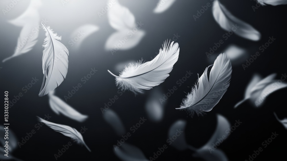 Fototapeta premium White bird feathers drifting upward against a mysterious dark gradient 