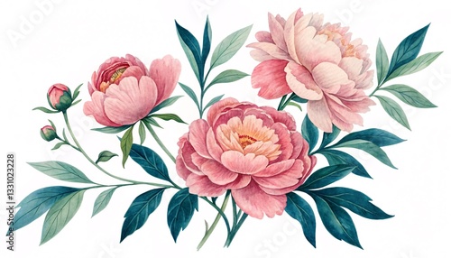 Watercolor Peonies Botanical Illustration – Vibrant Pink Blooms V8