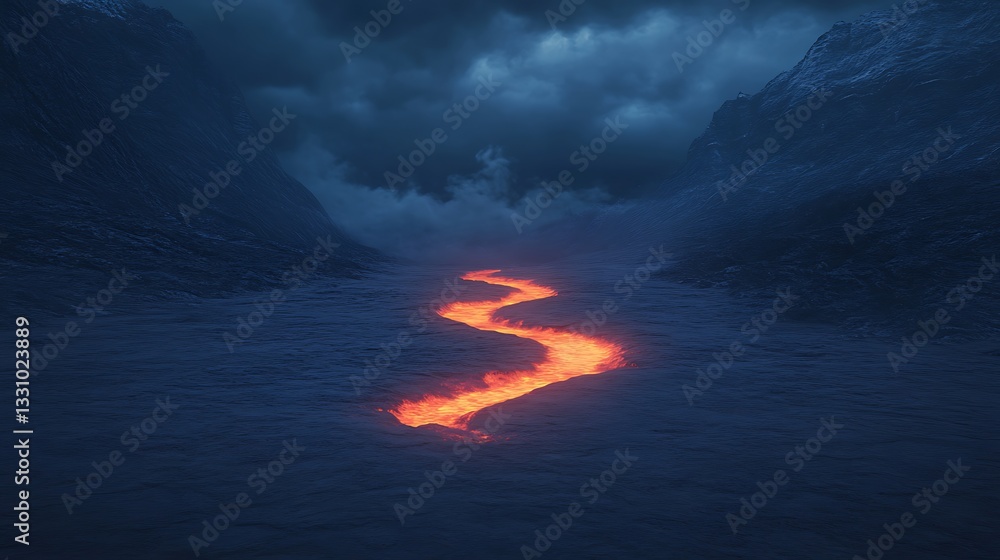 Fototapeta premium Lava flows through a dark valley under a cloudy sky, creating a dramatic and natural landscape.