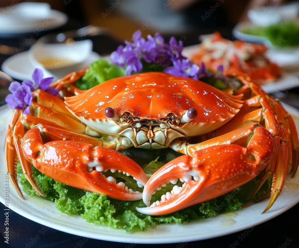 Red Crab Seafood Dish on White Plate with Purple Flowers Red Crab Seafood Dish on White Plate with Purple Flowers