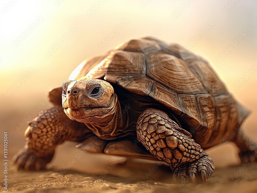 Fototapeta premium A tortoise slowly making its way across a sunlit desert, its shell detailed with natural textures