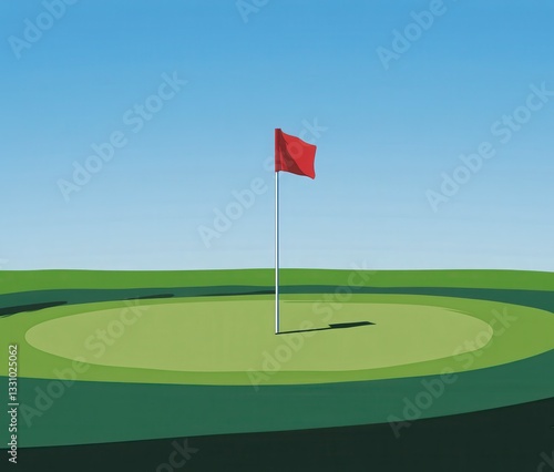Red Flag on a Green Golf Putting Green Pixel Art Illustration