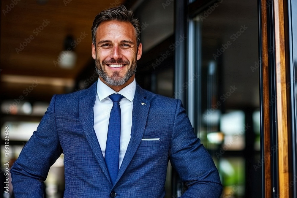 In the realm of professional prowess, a distinguished business leader emerges, radiating confidence and charisma His elegant smile speaks volumes, embodying approachability and success The polished In the realm of professional prowess, a distinguished business leader emerges, radiating confidence and charisma His elegant smile speaks volumes, embodying approachability and success The polished