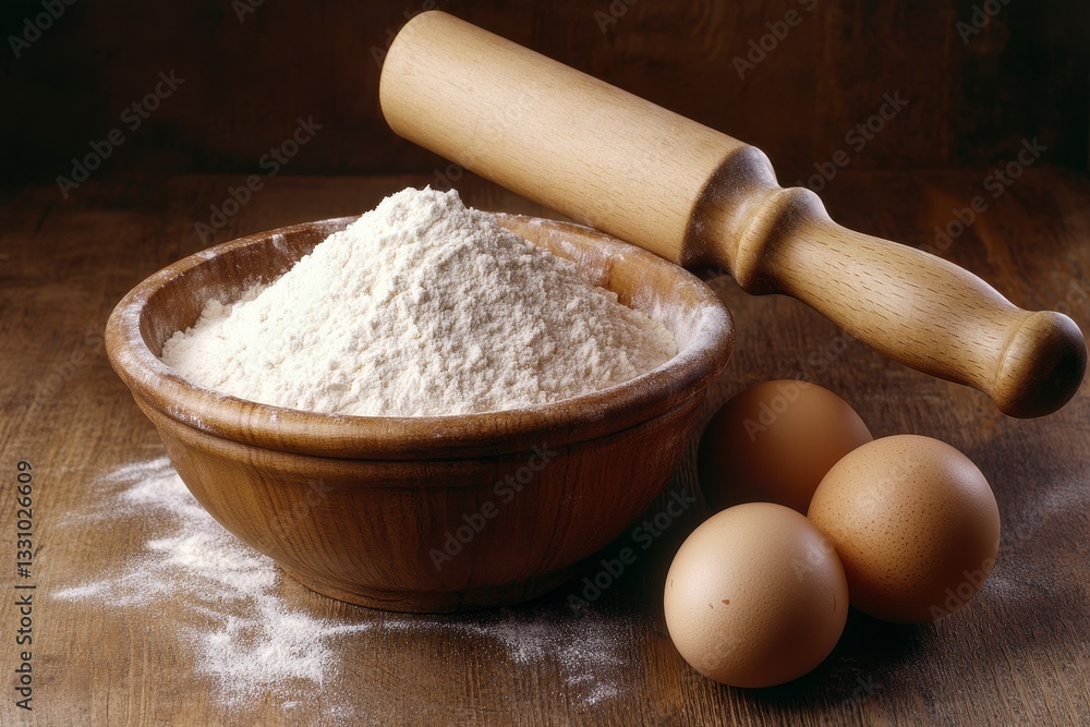 Rustic Baking Still Life Flour, Eggs, and Rolling Pin