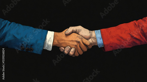 handshake between two people wearing blue and red suits symbolizes agreement and cooperation. image conveys sense of partnership and mutual understanding against dark background