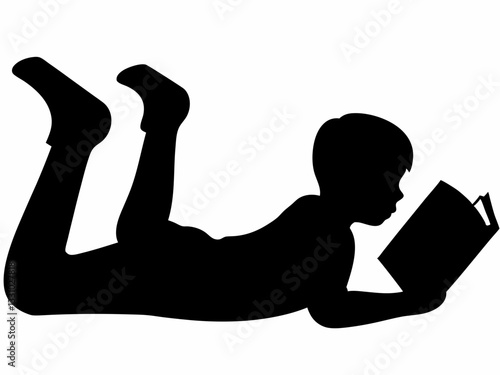 A boy reading book lay down on the ground vector silhouette white background.