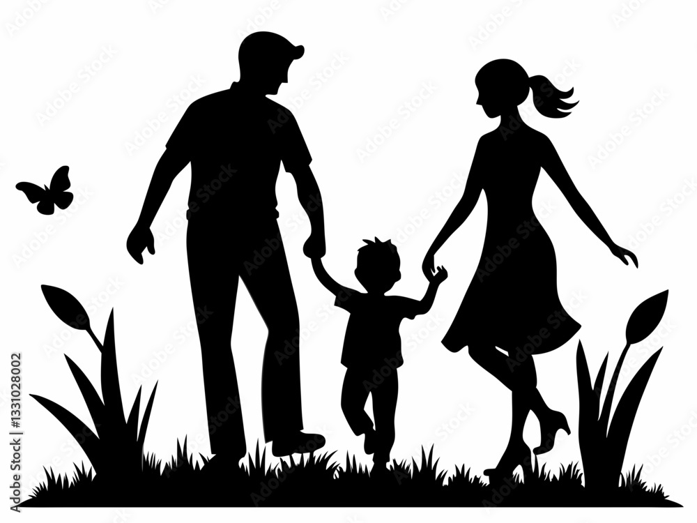 A father mother and child walking on the grass enjoying a happy family moment A father mother and child walking on the grass enjoying a happy family moment