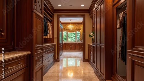 A high-end closet with brown cabinets, soft golden lighting, and polished marble floors reflecting elegance.