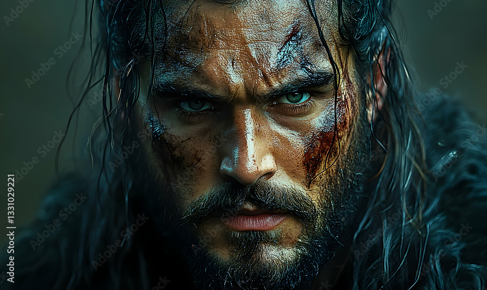 Close-up portrait of a fierce, wounded warrior with intense eyes and long dark hair, wearing fur Close-up portrait of a fierce, wounded warrior with intense eyes and long dark hair, wearing fur