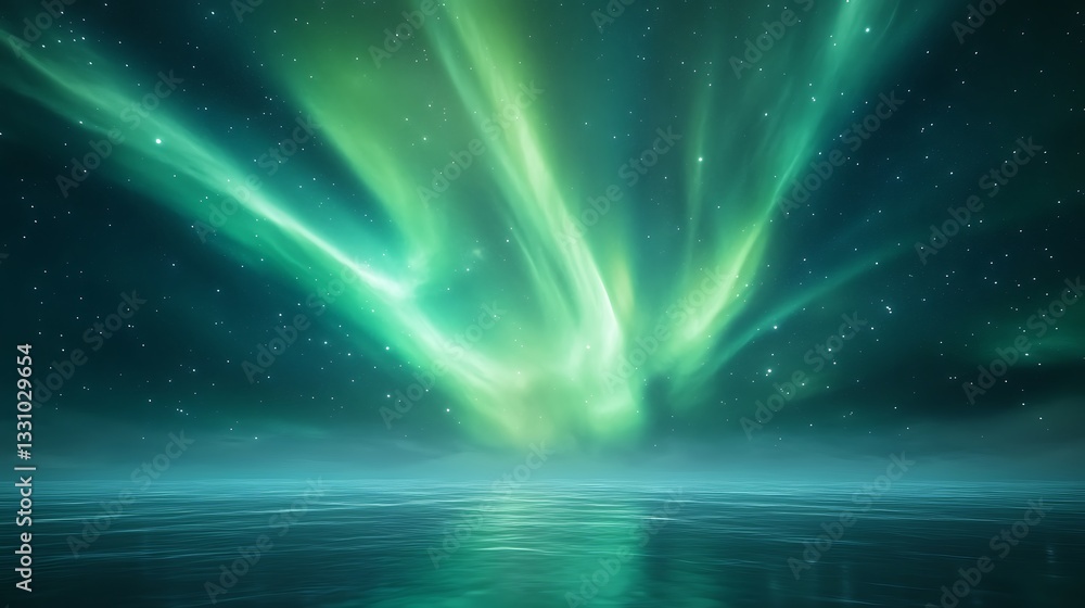 Fototapeta premium Vibrant auroras illuminate a serene night sky above calm waters.
