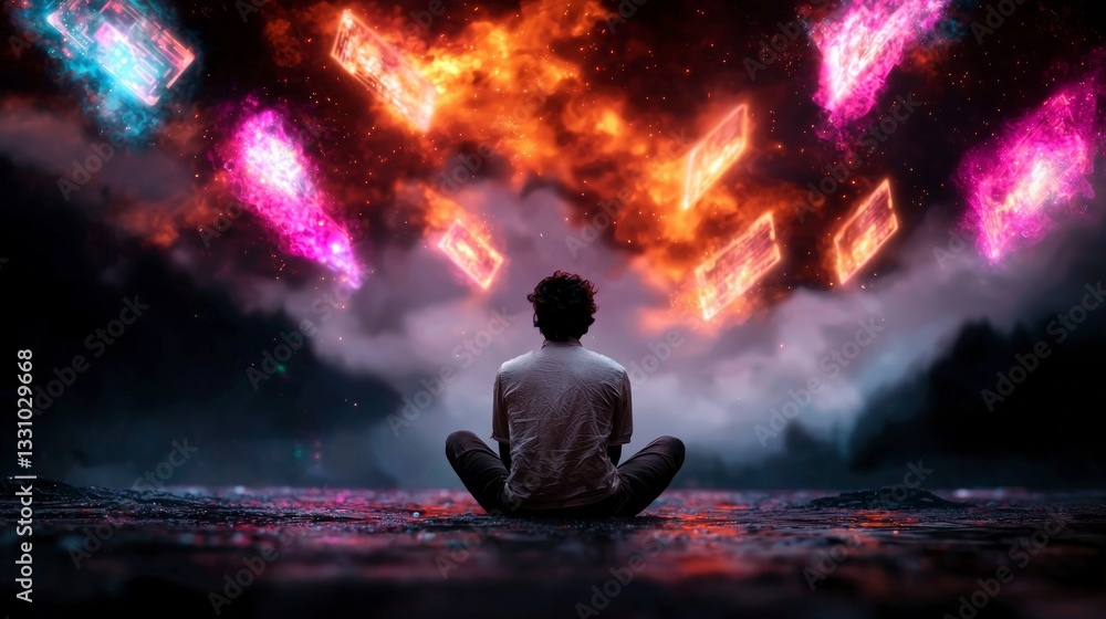Fototapeta premium Contemplative Man Amidst Falling Digital Screens Surreal Cinematic High Resolution Imag