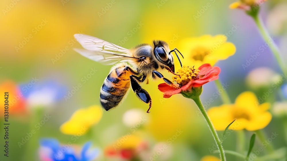 Honeybee in Flight, Gathering Nectar from Zinnia Flower in Vibrant Meadow Honeybee in Flight, Gathering Nectar from Zinnia Flower in Vibrant Meadow