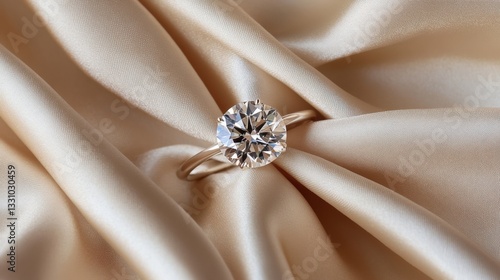 Luxury diamond engagement ring showcased on a silk fabric backdrop, emphasizing elegance and sophistication with copy space.