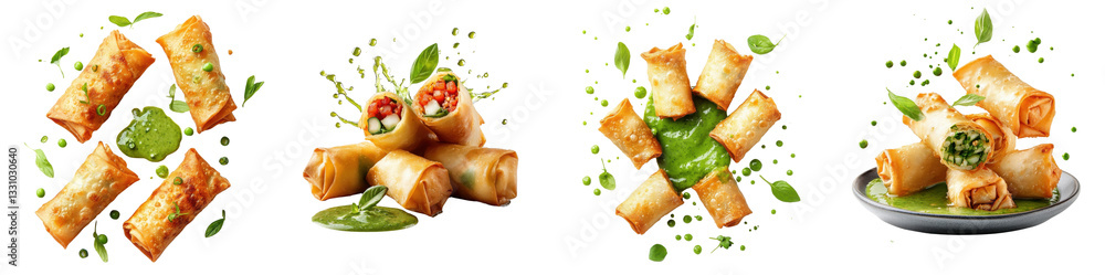 Spring rolls splashing, green chutney sauce, isolate on white background. Set Collection Png. Spring rolls splashing, green chutney sauce, isolate on white background. Set Collection Png.