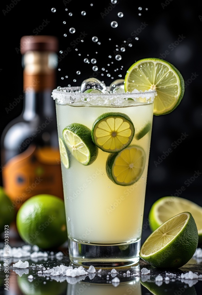 Fototapeta premium Dynamic Margarita Cocktail With Lime For Bar Website Splashing Drink Photography Menu Design