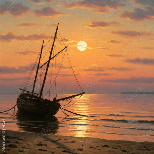 Wrecked Boat on Beach at Sunset