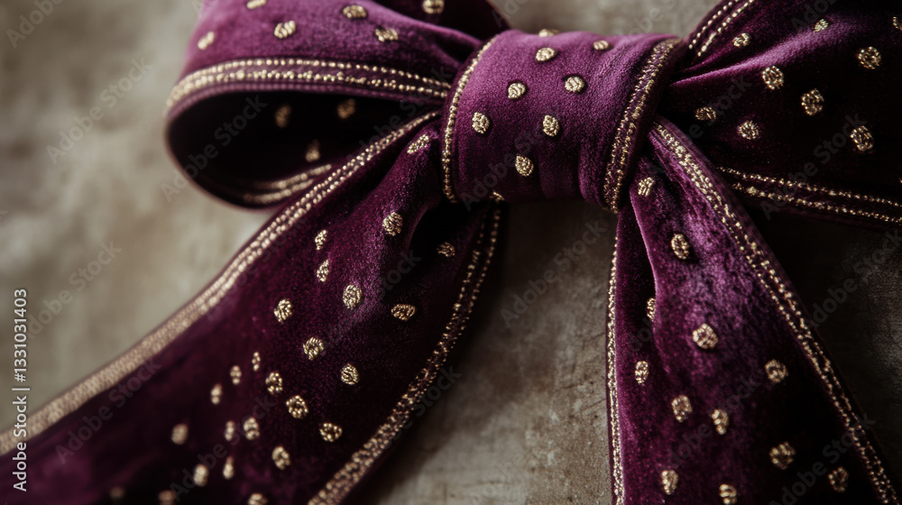 Obraz premium A velvet ribbon in deep burgundy with delicate gold embroidery, gracefully tied into a bow, intricate stitching visible