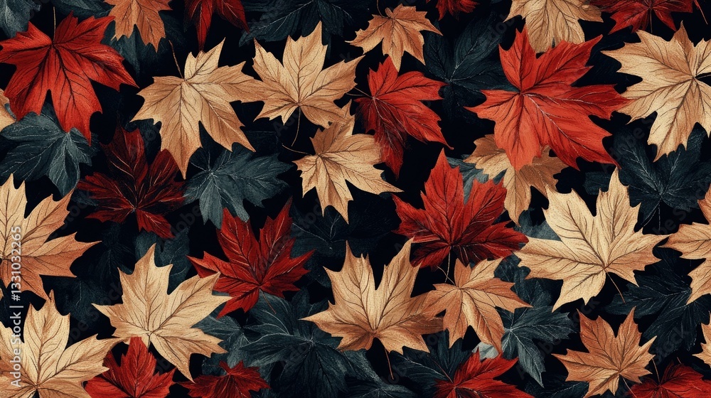 Modern allover seamless repeat pattern with dark maple leaves in fall colors Modern allover seamless repeat pattern with dark maple leaves in fall colors