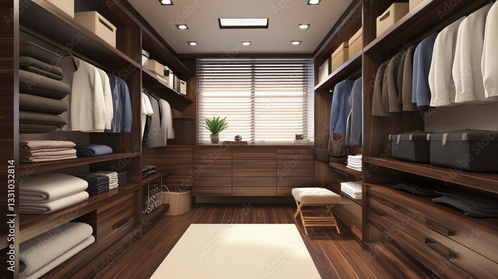A modern dressing room with dark wood finishes, floating shelves, and a spacious layout for a sophisticated design. A modern dressing room with dark wood finishes, floating shelves, and a spacious layout for a sophisticated design.