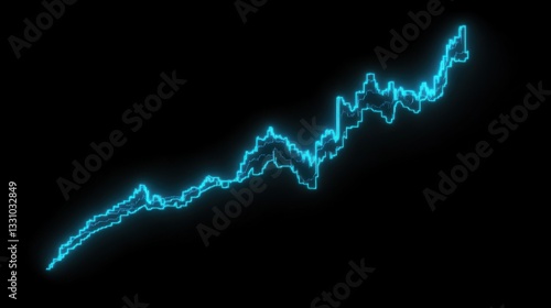 A neon blue stock market chart with a sharp rise, glowing against a black background, symbolizing economic boom.