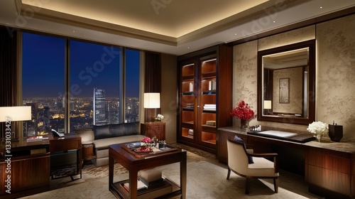 A modern, well-lit dressing space with a large full-length mirror, wooden shelving, and soft lighting accents.