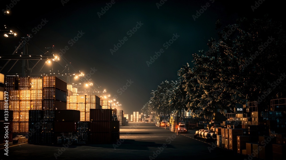 Obraz premium Night Cargo Port Shipping Containers Global Trade Logistics