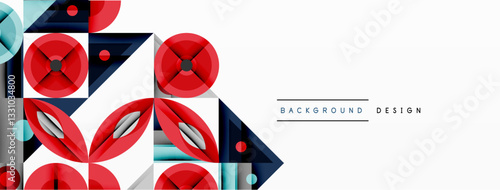 Geometric abstract composition with intersecting shapes, circles, triangles, and gradients, blending vibrant colors and dynamic contrasts to create a modern, futuristic visual design