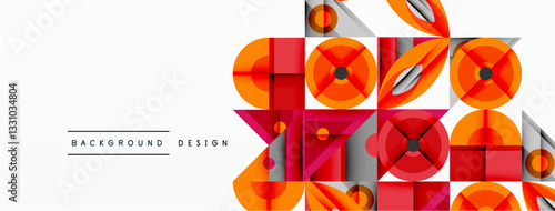 Geometric abstract composition with intersecting shapes, circles, triangles, and gradients, blending vibrant colors and dynamic contrasts to create a modern, futuristic visual design