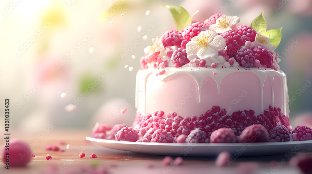 Dreamy-style raspberry and flower decorated cake picture Dreamy-style raspberry and flower decorated cake picture