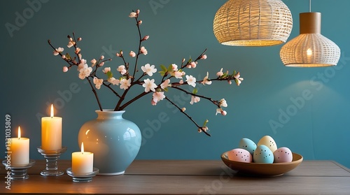 Stylish home scene featuring hanging rattan lamps, teal wall, and serene tabletop arrangement with seasonal accents and calming aesthetic ideal for spring ambiance

