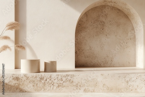 Sunlit Beige Textured Background with Arch Niche and Cylindrical Pedestals
