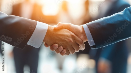 Business leaders shaking hands in a corporate setting, symbolizing strong partnerships, teamwork, and shared success.