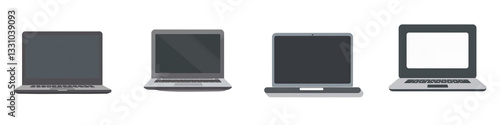 Four laptop computers displaying screens from off to on, arranged in a row on a plain, white background isolated on white or transparent