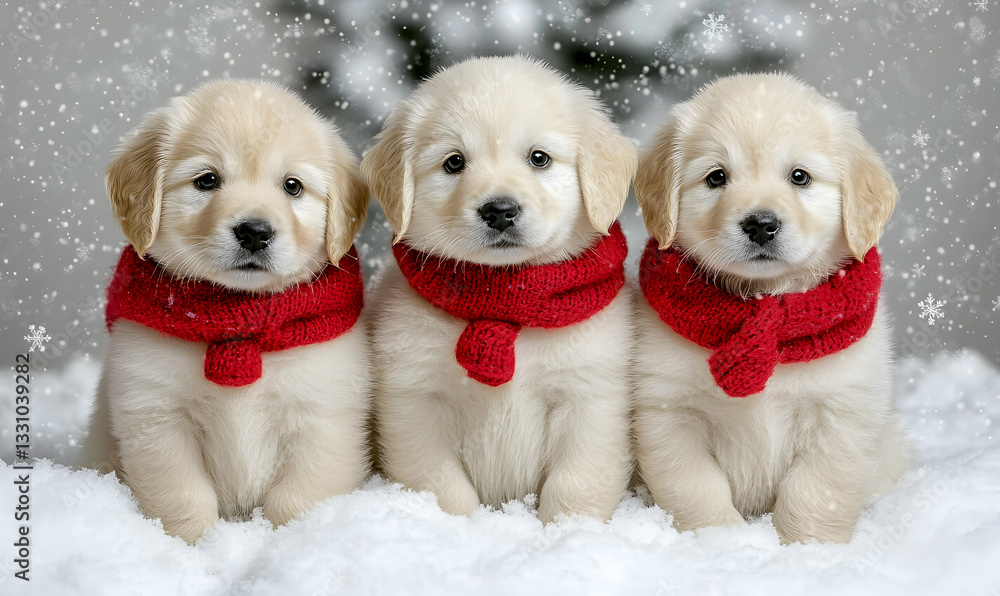 Adorable Golden Retriever puppies wearing red scarves, sitting in the snow on a winter day. Perfect for Christmas cards or calendars. Adorable Golden Retriever puppies wearing red scarves, sitting in the snow on a winter day. Perfect for Christmas cards or calendars.