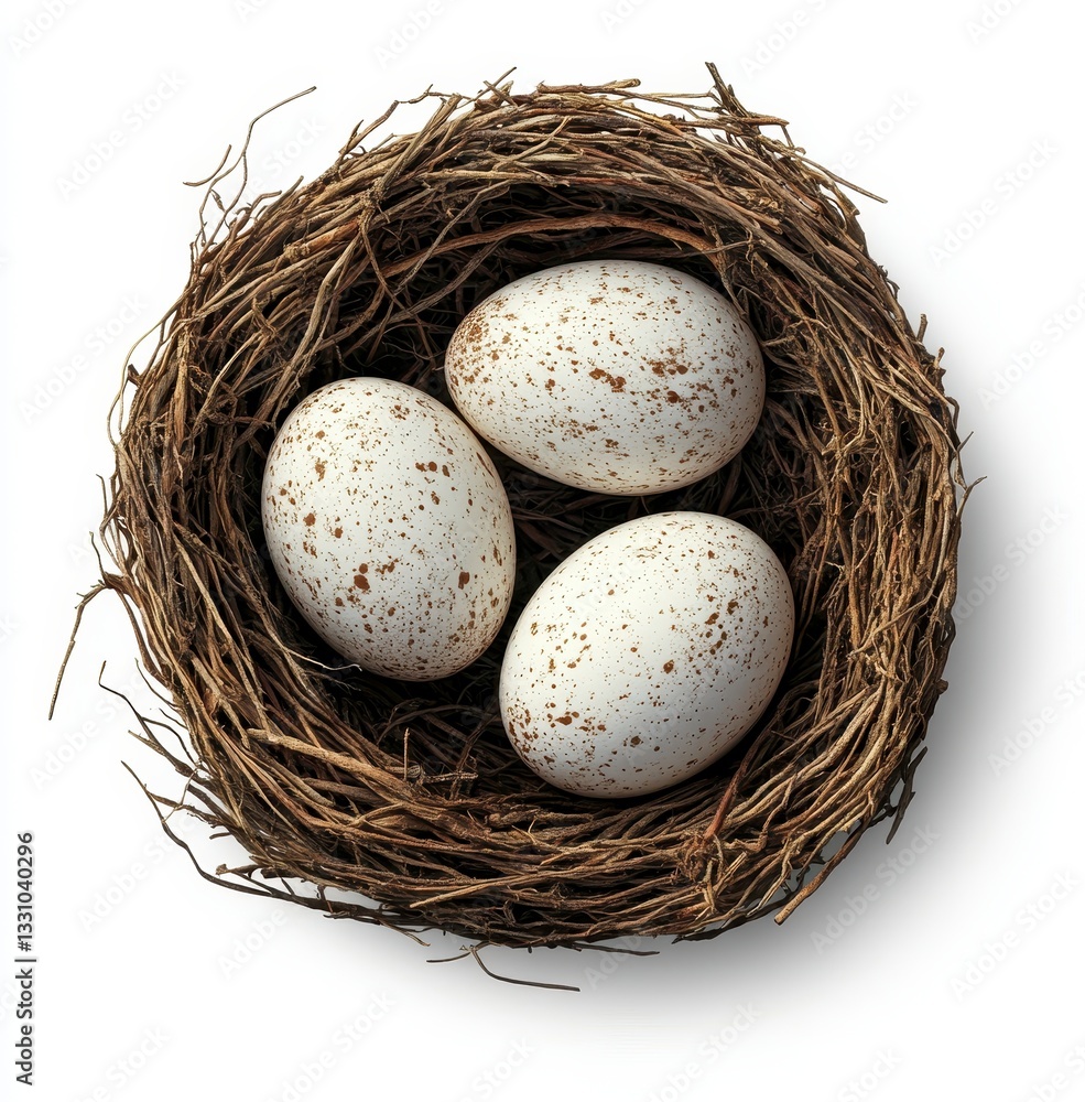 Three Speckled White Bird Eggs in a Brown Twig Nest Three Speckled White Bird Eggs in a Brown Twig Nest