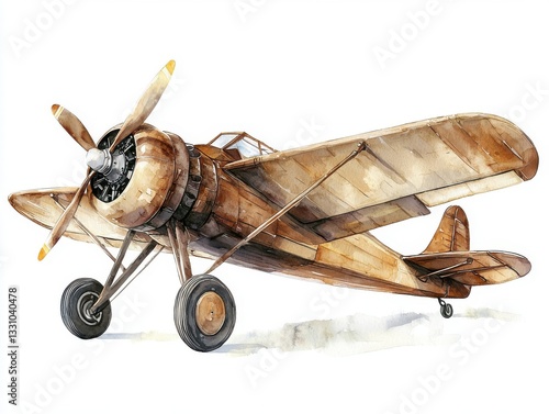Vintage Airplane in Watercolor Style with Detailed Propeller and Classic Design Elements