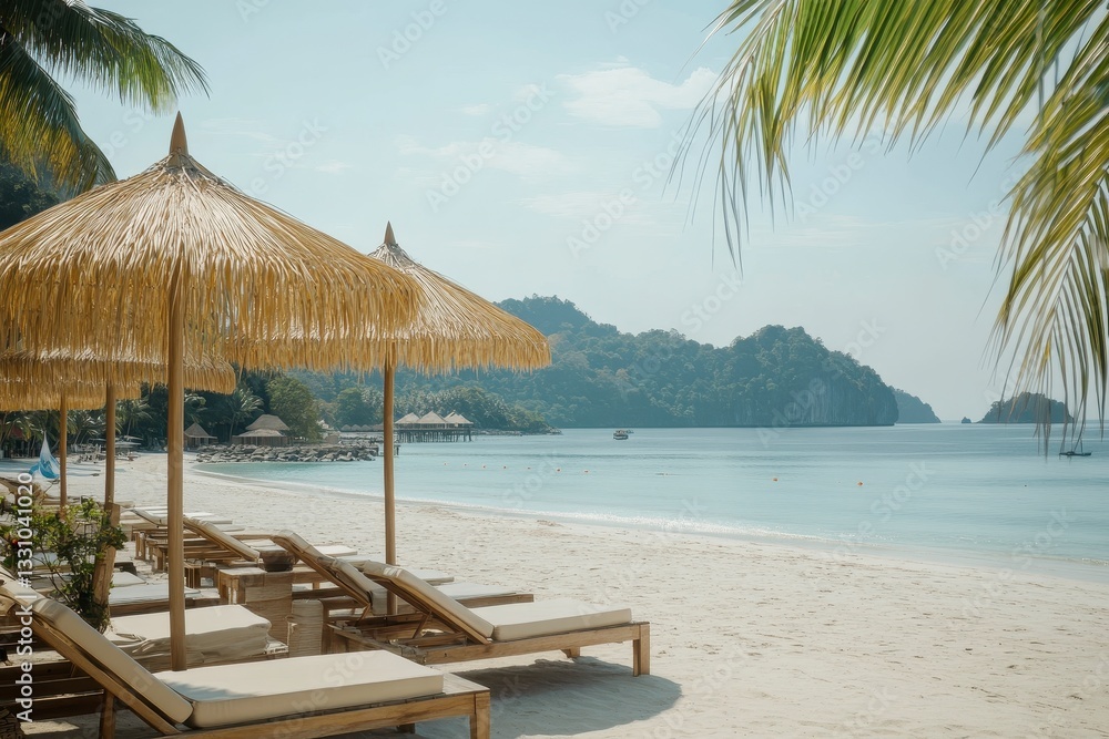 Tranquil Tropical Beach Scene Straw Umbrellas and Lounge Chairs on White Sand Tranquil Tropical Beach Scene Straw Umbrellas and Lounge Chairs on White Sand
