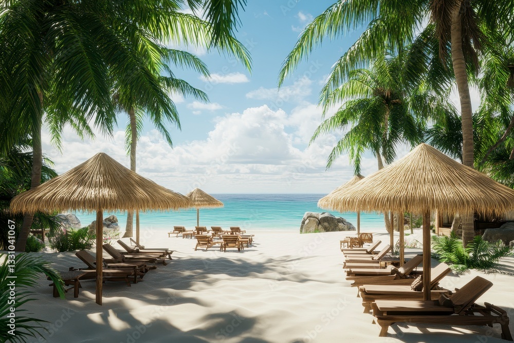 Tranquil Tropical Beach Scene with Thatched Umbrellas and Lounge Chairs Tranquil Tropical Beach Scene with Thatched Umbrellas and Lounge Chairs