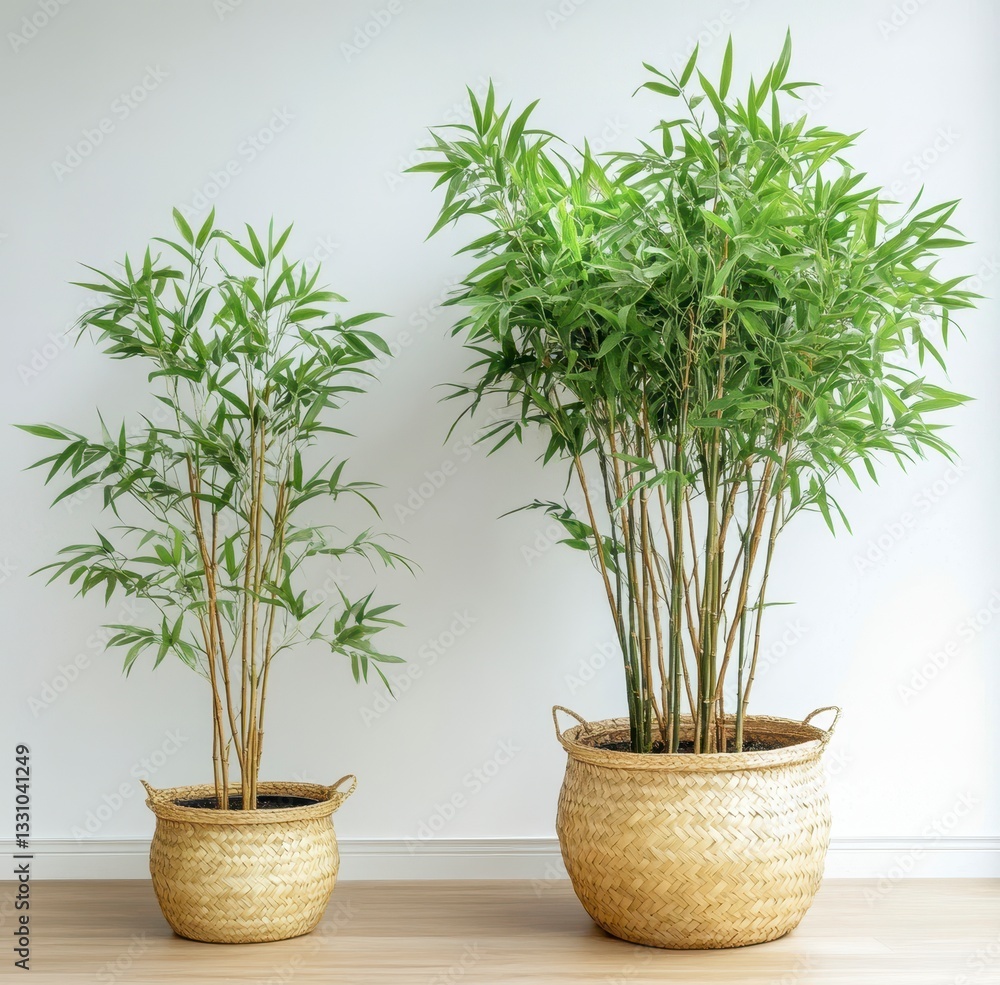 Fototapeta premium Two Bamboo Plants in Woven Baskets Against a White Wall