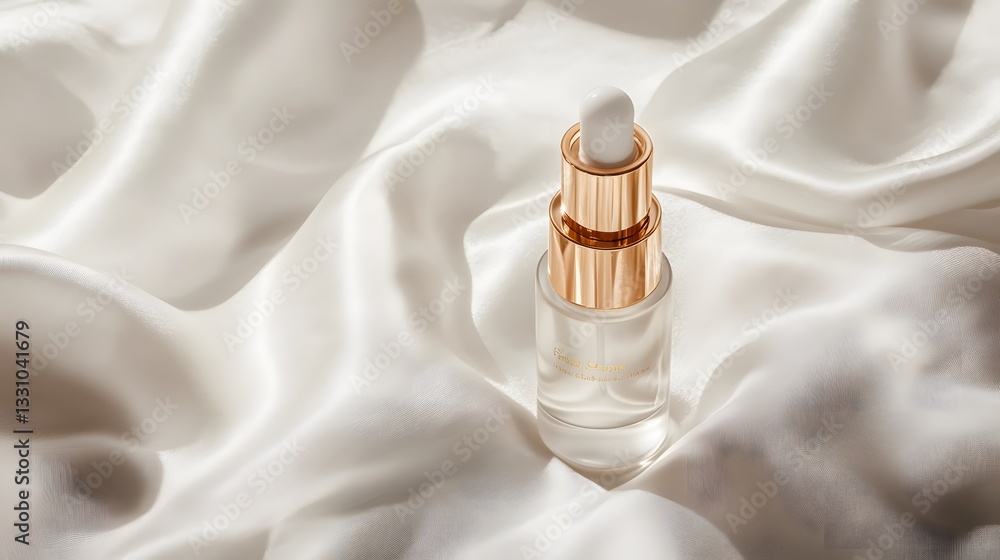 Naklejka premium Elegant Serum Bottle on Silky White Fabric Luxury Skincare Product Photography