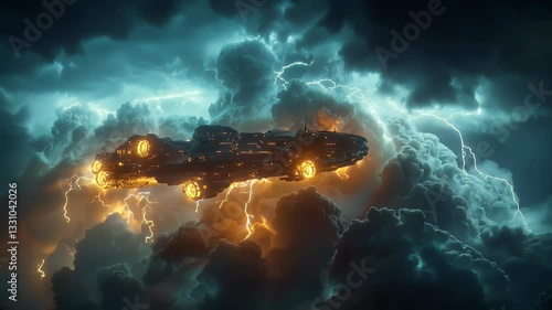 A colossal spaceship hovers above stormy clouds, lightning crackling through the planet's atmosphere, with its glowing engines lighting up the sky