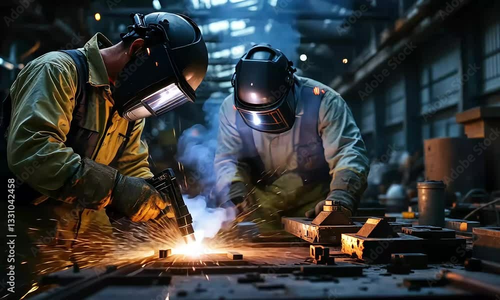Two Welders in Protective Gear Working Intensely in a Dark Industrial Setting Two Welders in Protective Gear Working Intensely in a Dark Industrial Setting