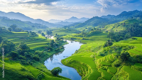 Scenic Landscape of Lush Green Rice Terraces and Flowing River